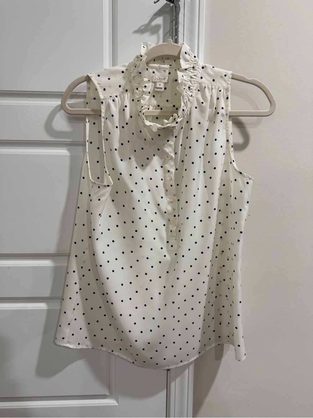 J.Crew Polka Dot Ruffle Neck Sleeveless Blouse Sz 8 Coquette Office Siren French